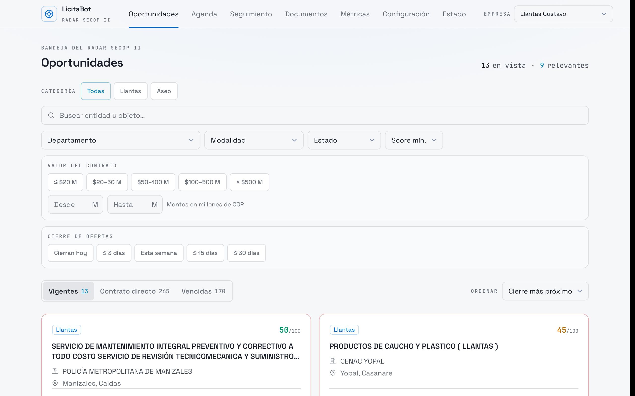 LicitaBot · licitaciones públicas, pantalla real